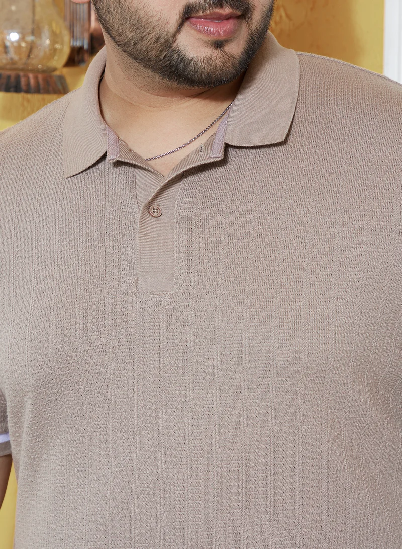 Instafab Plus Instafab Plus Men's Hazelnut Beige Textured Polo T-Shirt For Casual Wear | Polo Neck | Short Regular Sleeves | Half-Button Closure | Plus Size T-Shirt Crafted With Comfort Fit For Everyday Wear