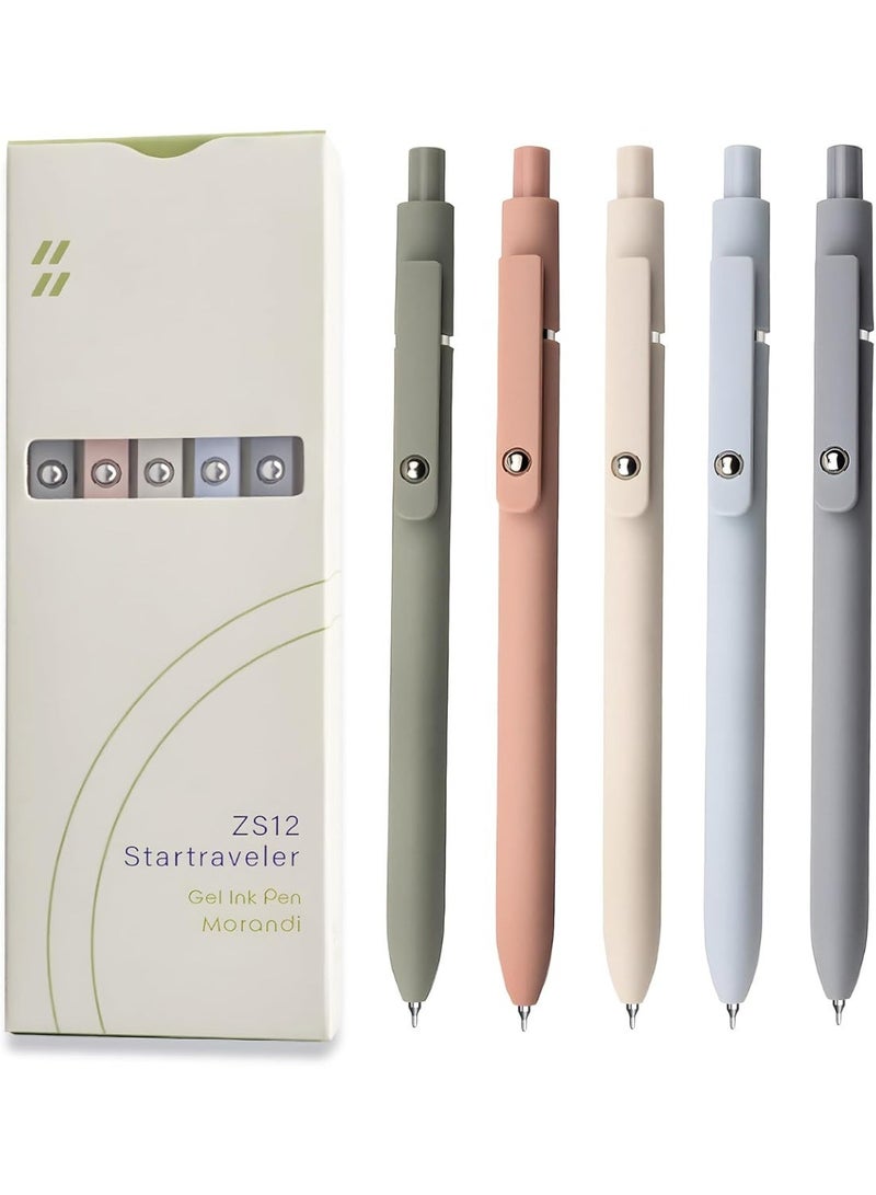 5 Pcs Morandi Gel Pens, 0.5mm Fine Point Black Ink Smooth Writing Pens, Soft Grip Retractable Pens for School Office Journaling Note Taking, Aesthetic Stationery Gift for Men Women - Image 1