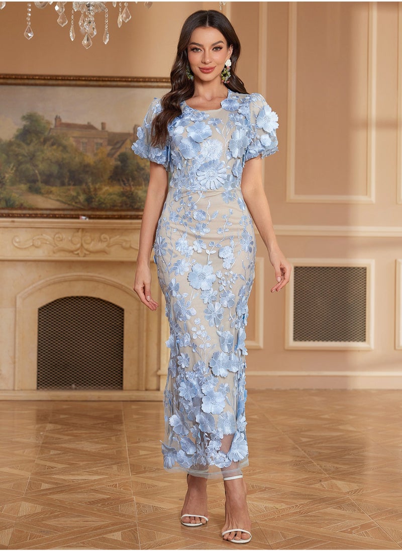 Madam Uniq New Blue Luxury Round Neck Embroidered 3D Floral Puff Sleeve Mid-Length Dress  - Image 3