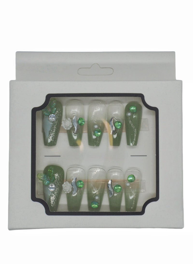 Summer Press-on Nails 24 Pieces: Green Ombre Artificial Nails with Clear Butterfly Crystals - Refreshing Instagram Style. Easy Removal at Home + Glue Kit. - Image 1