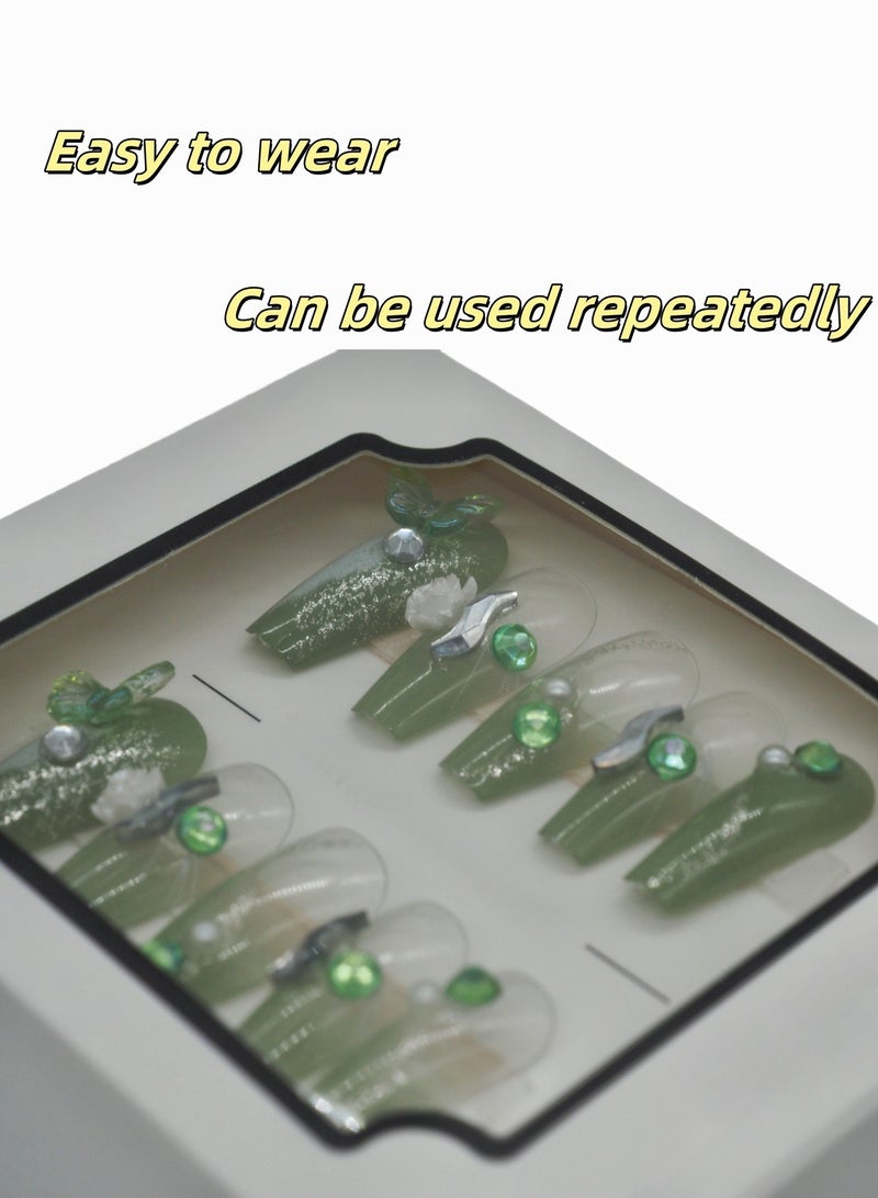 Summer Press-on Nails 24 Pieces: Green Ombre Artificial Nails with Clear Butterfly Crystals - Refreshing Instagram Style. Easy Removal at Home + Glue Kit. - Image 2