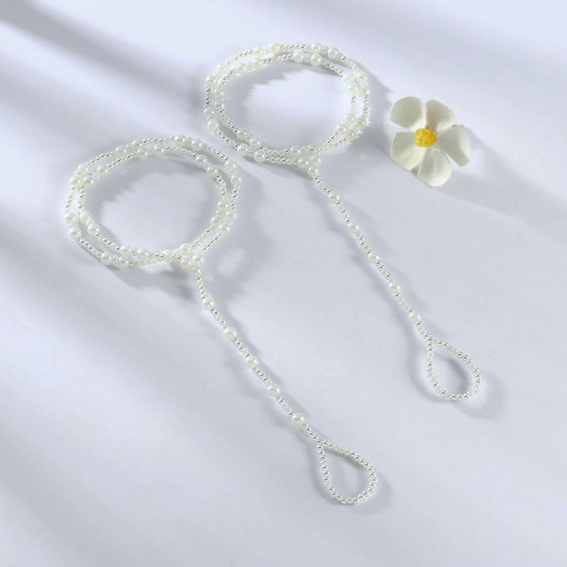 Aularso Beaded Foot Chain 2PCS Barefoot Sandal Chain Rice Bead Anklet Chain Beach Layered Toe Ring Foot Chain for Women (2PCS) - Image 5