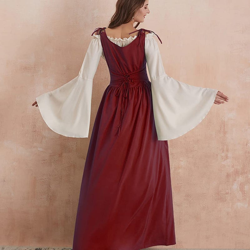 Abaowedding Womens's Medieval Renaissance Costume Cosplay Chemise and Over Dress Small/Medium Wine Red and Ivory - Image 3