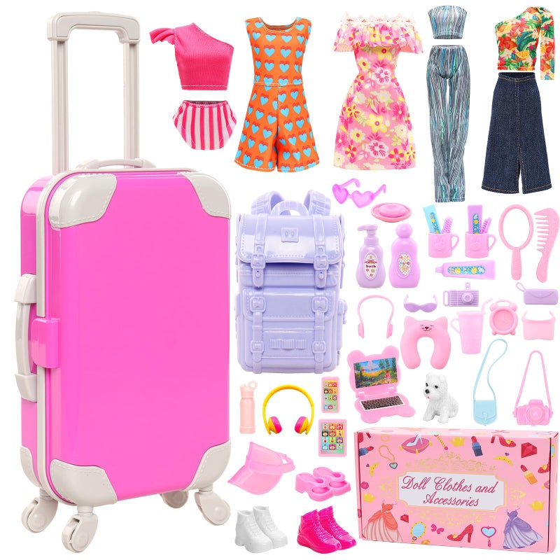 HONLAELLA 40 PCS Doll Travel Accessories Playset Includes Travel Luggage Suitcase 5 Clothes 1 Backpack 3 Pairs of Shoes 32 Accessories Headset Puppy Toiletoriesetc Travel Toy Set for 115 Inch Girl Dolls - Image 3