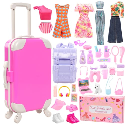 HONLAELLA 40 PCS Doll Travel Accessories Playset Includes Travel Luggage Suitcase 5 Clothes 1 Backpack 3 Pairs of Shoes 32 Accessories Headset Puppy Toiletoriesetc Travel Toy Set for 115 Inch Girl Dolls - Image 1