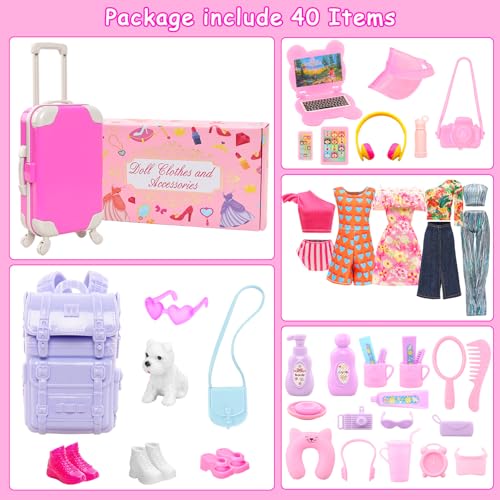 HONLAELLA 40 PCS Doll Travel Accessories Playset Includes Travel Luggage Suitcase 5 Clothes 1 Backpack 3 Pairs of Shoes 32 Accessories Headset Puppy Toiletoriesetc Travel Toy Set for 115 Inch Girl Dolls - Image 5
