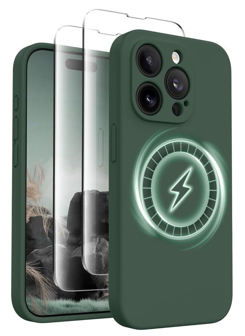 Raxoom iPhone 15 Pro Max Case Silicone, Compatible with MagSafe, [Camera Protection][2X Screen Protectors] Slim Shockproof Protective Case, Soft Anti-Scratch Microfiber Lining, Alpine Green - Image 1