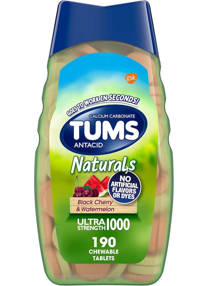 TUMS Naturals Ultra Strength Antacid Chews for Heartburn Relief, Great for a Summer BBQ - Black Cherry & Watermelon - 190 Count