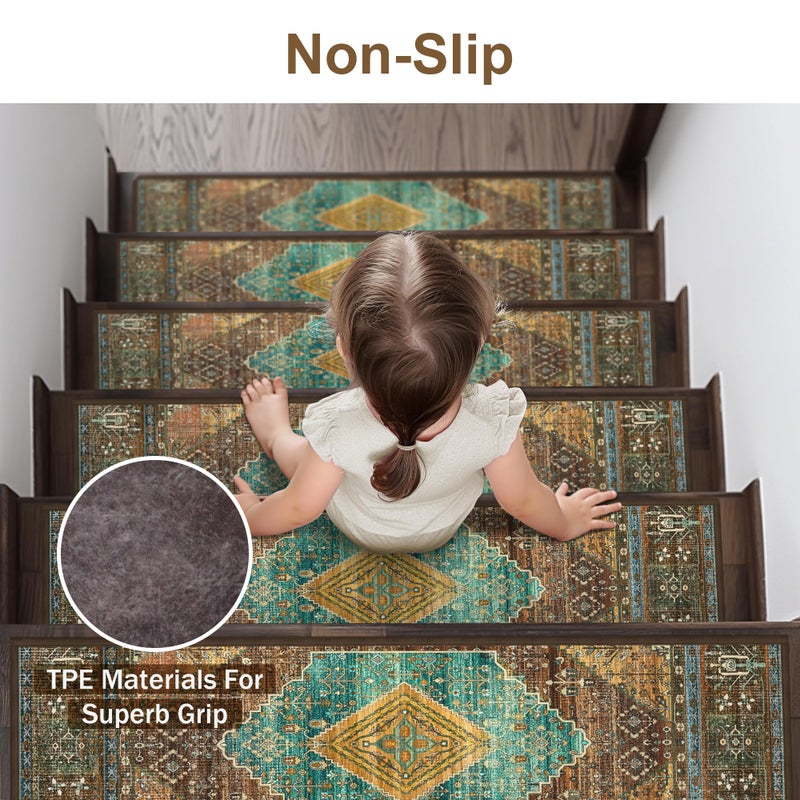 sarben Non Slip Stair Treads for Wooden Steps 15PCS - 8"x30" Indoor Safety Carpet, Edging Mats with TPE Adhesive Backing, Pet and Elderly Friendly Stair Rugs (Amber&Cyan) - Image 2
