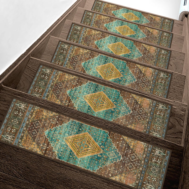 sarben Non Slip Stair Treads for Wooden Steps 15PCS - 8"x30" Indoor Safety Carpet, Edging Mats with TPE Adhesive Backing, Pet and Elderly Friendly Stair Rugs (Amber&Cyan) - Image 1