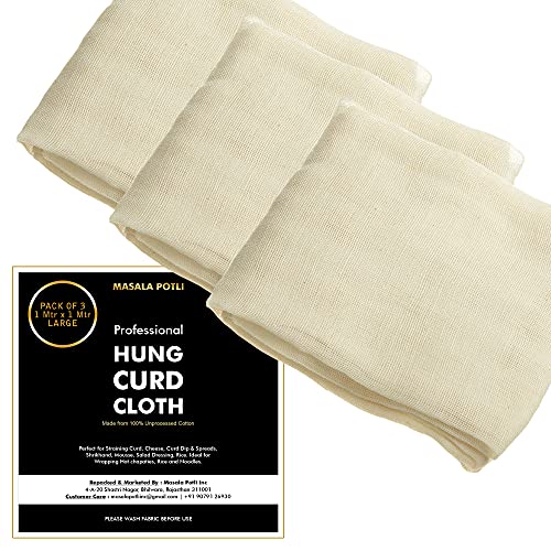 Masala Potli 100% Cotton Muslin Cloth for Curd Straining (Pack of 3, 100x100 cm) | Hung Curd, Paneer, Yogurt, Cheese, Jam Filter, Roti Cover | Unbleached, Reusable, Chemical-Free | Kitchen Cloth - Image 1