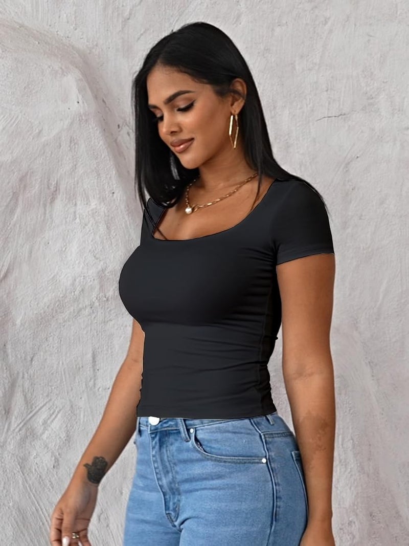 Dwnval Womens Summer Sexy Square Neck Tops Double Lined Short Sleeve Shirts Slim Fit Crop Top(Black, S) - Image 3
