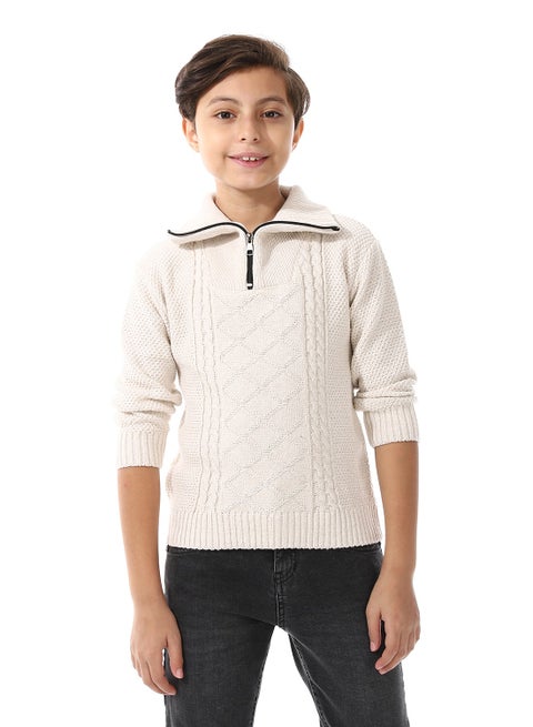 Off White Funnel Collar Knitted Boys Sweater_White