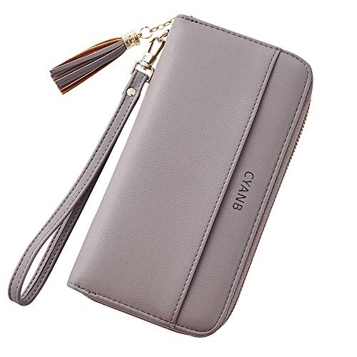 CYANB Women Wallets Tassel Bifold Ladies Clutch Wristlet Wrist Strap Long Purse PU Leather Grey - Image 5