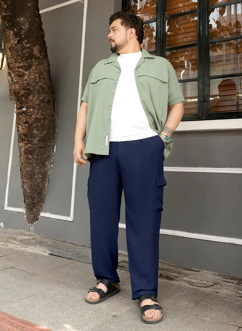 Instafab Plus  Instafab Plus Men Pleated-Textured Cargo Trousers | Mid-Rise , Side Elasticated Stretch | Button Closure , Cuffed-Straight Hem | Solid Textured | Woven Fabric For Casual & Street Wear | Navy Blue for Men | Best Price UAE