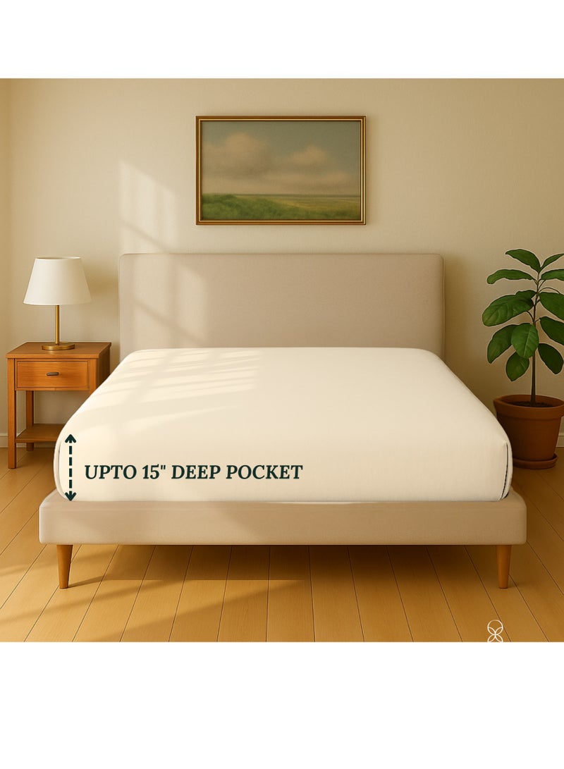 كلاود سكيب لينين Cloud Scape Linen 600 Thread Count Egyptian Cotton Fitted Sheet ( Queen, Ivory) - Image 3