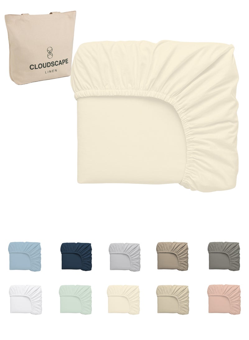 كلاود سكيب لينين Cloud Scape Linen 600 Thread Count Egyptian Cotton Fitted Sheet ( Queen, Ivory) - Image 2