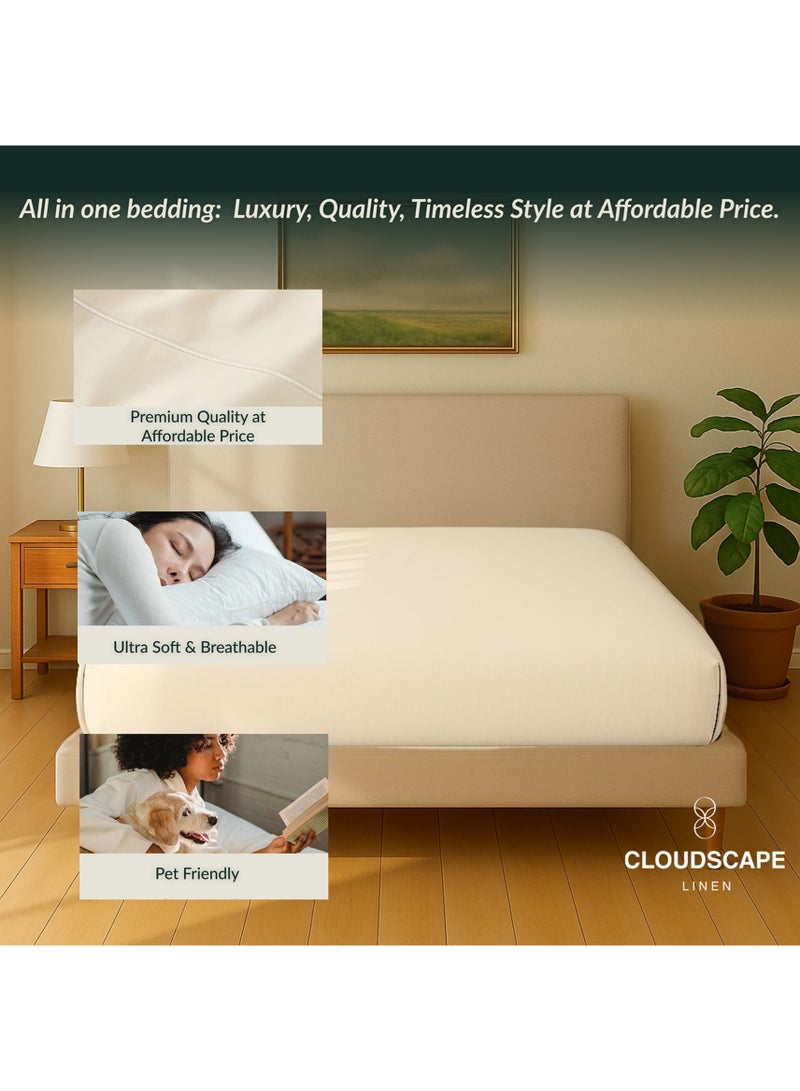 كلاود سكيب لينين Cloud Scape Linen 600 Thread Count Egyptian Cotton Fitted Sheet ( Queen, Ivory) - Image 5