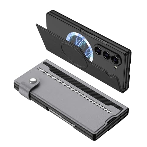 XIMAND for Samsung Galaxy Z Fold 6 Leather Case with Card Slots, Kickstand, Anti-Shock, Magnetic Buckle, Compatible with Magsafe Magnetic Wireless Charging.(Titanium Grey) - Image 2