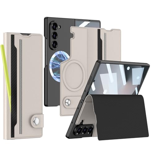 XIMAND for Samsung Galaxy Z Fold 6 Leather Case with Card Slots, Kickstand, Anti-Shock, Magnetic Buckle, Compatible with Magsafe Magnetic Wireless Charging.(Titanium Grey) - Image 1