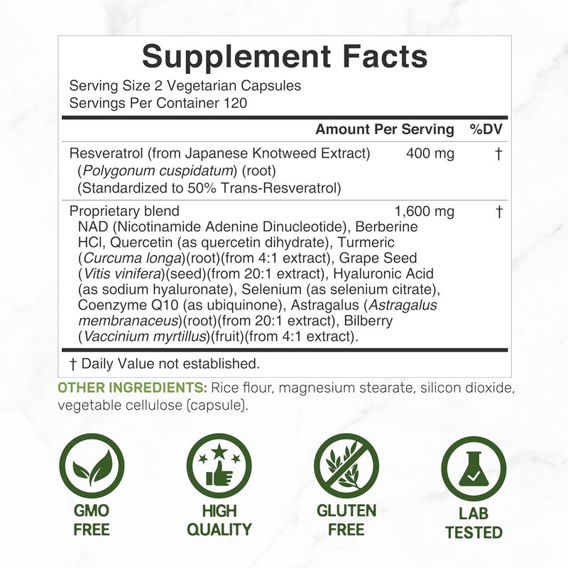 DEAL SUPPLEMENT Resveratrol Complex 2000mg 240 Veggie Capsules  Extra Strength TransResveratrol with NAD Quercetin Curcumin Grape Seed  More  Healthy Aging Antioxidant for Energy  Brain Support - Image 2