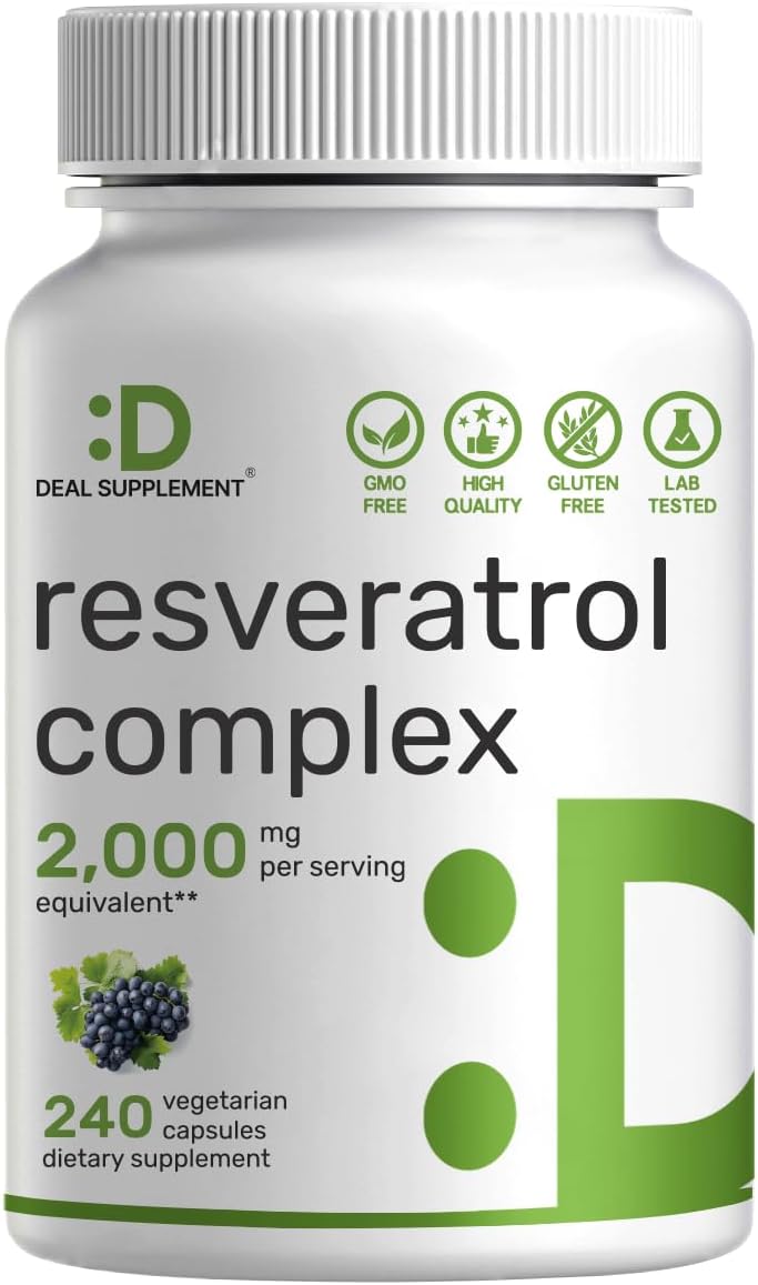 DEAL SUPPLEMENT Resveratrol Complex 2000mg 240 Veggie Capsules  Extra Strength TransResveratrol with NAD Quercetin Curcumin Grape Seed  More  Healthy Aging Antioxidant for Energy  Brain Support - Image 1