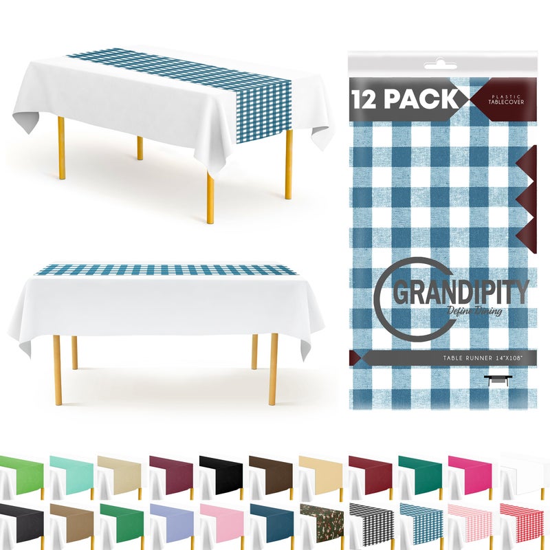 Grandipity Blue Gingham 12 Pack Checkered Premium Disposable Plastic Table Runner 14 x 108 Inch Table Runner for Dinner Parties  Events by Grandipity 
