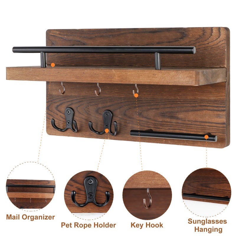 OurWarm Wall Mounted Key Holder/Hangers for Wall Decorative with 5 Key Hooks, Wooden Mail Rack Organizer with Shelf, Rustic Home Decor for Entryway Mudroom Hallway Office, Brown - Image 4