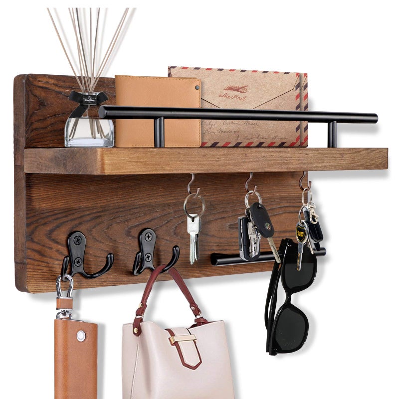 OurWarm Wall Mounted Key Holder/Hangers for Wall Decorative with 5 Key Hooks, Wooden Mail Rack Organizer with Shelf, Rustic Home Decor for Entryway Mudroom Hallway Office, Brown - Image 1