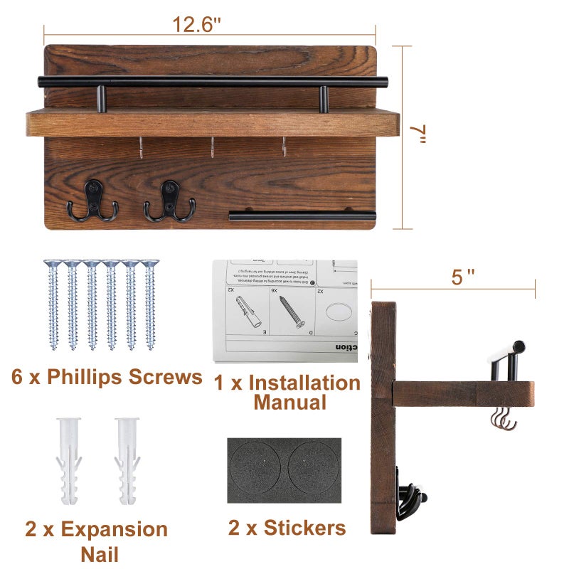 OurWarm Wall Mounted Key Holder/Hangers for Wall Decorative with 5 Key Hooks, Wooden Mail Rack Organizer with Shelf, Rustic Home Decor for Entryway Mudroom Hallway Office, Brown - Image 5