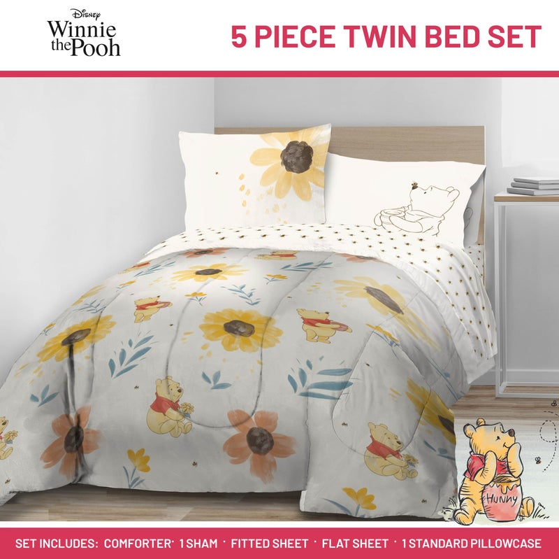 Jay Franco Disney Winnie The Pooh Twin Comforter Set - 5 Piece Bedding Includes Sheet Set & Pillow Covers - Super Soft Cozy Floral Bedding - Image 2