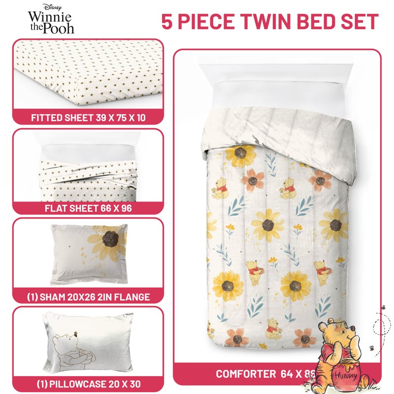 Jay Franco Disney Winnie The Pooh Twin Comforter Set - 5 Piece Bedding Includes Sheet Set & Pillow Covers - Super Soft Cozy Floral Bedding - Image 3