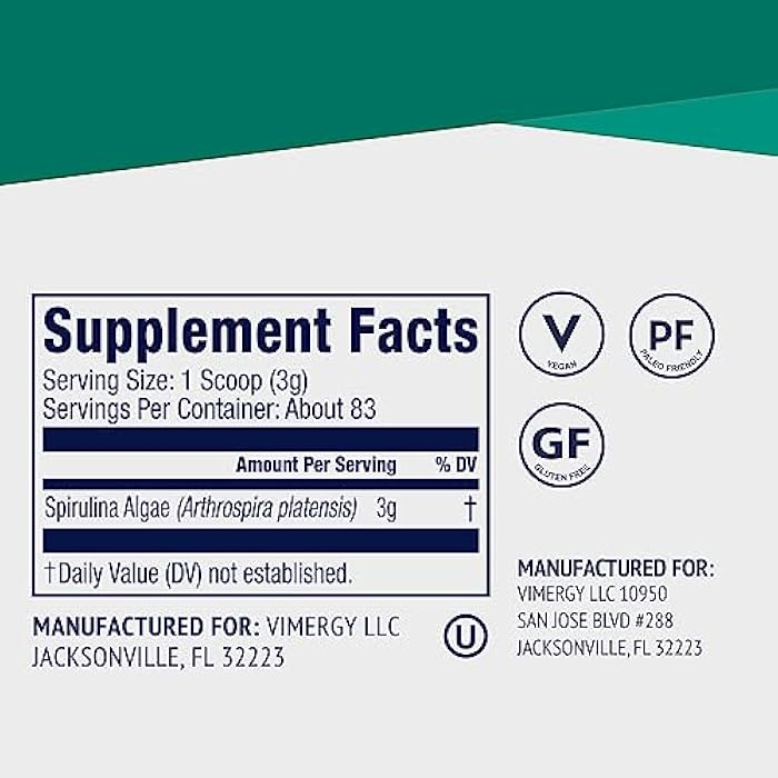 Vimergy Spirulina Powder – Concentrated Plant Protein Supports Immune Health & Cardiovascular Function – Vegan, Kosher, Gluten-Free – 250g - Image 4