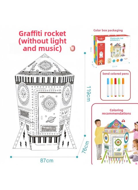 Large Rocket Carton Diy Aerospace Theme Children Handmade Material Package Cardboard Assembled Game House-Color:Large Graffiti Version Rocket Paper Model] About 119cm High