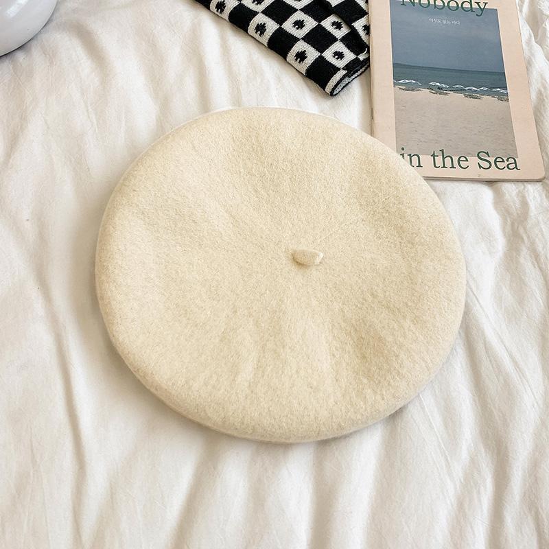 Womens Autumn/winter Korean Style Vintage Candy Color Woolen Beret Hat Self-designed Warm Stylish For Skullies Beanies Creamy-white 