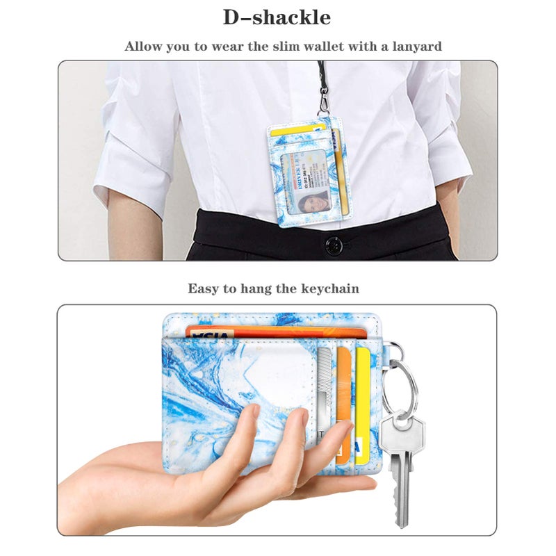 Coco Rossi Slim Front Pocket Wallet RFID Blocking Minimalist Credit Card Holder Wallet with D-Shackle for Women,Blue Marble - Image 4