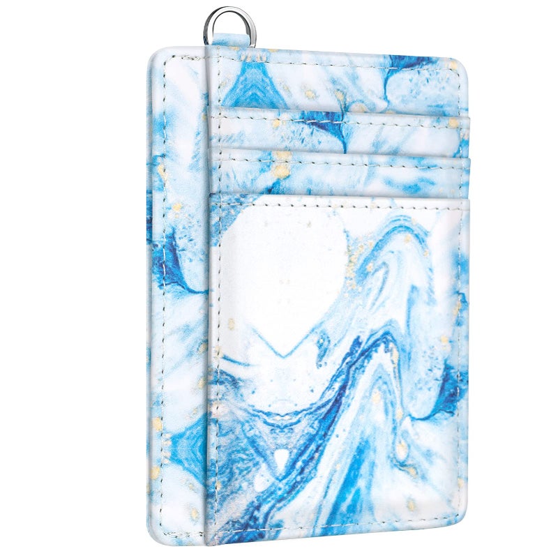 Coco Rossi Slim Front Pocket Wallet RFID Blocking Minimalist Credit Card Holder Wallet with D-Shackle for Women,Blue Marble - Image 1