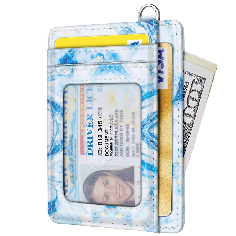 Coco Rossi Slim Front Pocket Wallet RFID Blocking Minimalist Credit Card Holder Wallet with D-Shackle for Women,Blue Marble - Image 2