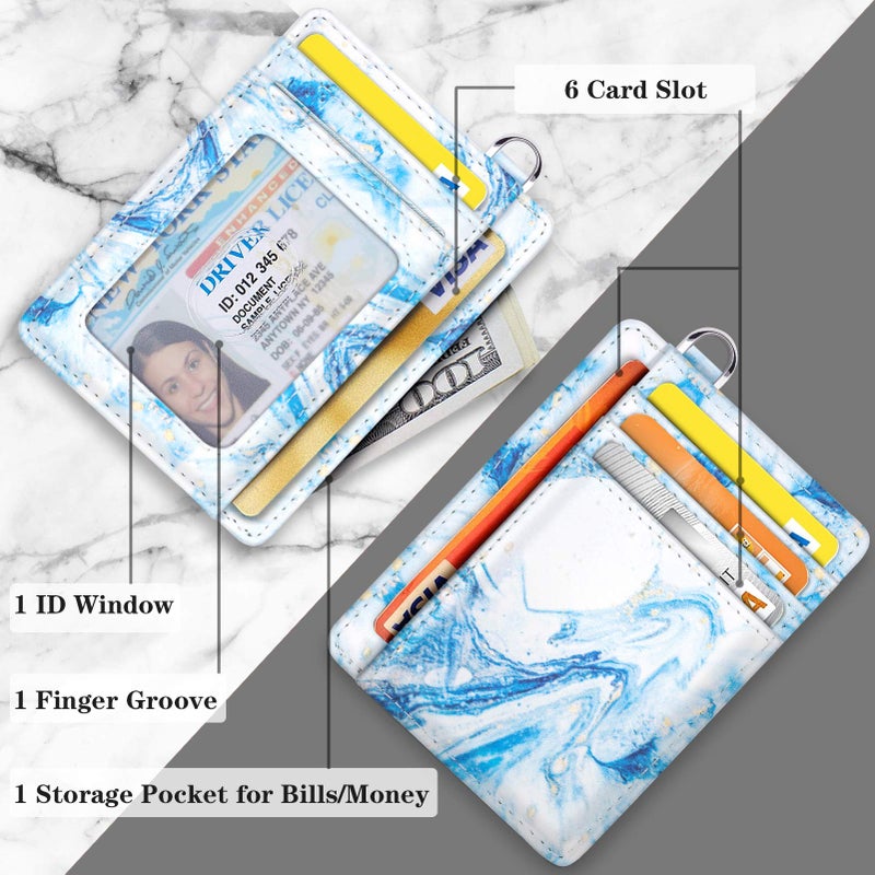 Coco Rossi Slim Front Pocket Wallet RFID Blocking Minimalist Credit Card Holder Wallet with D-Shackle for Women,Blue Marble - Image 3