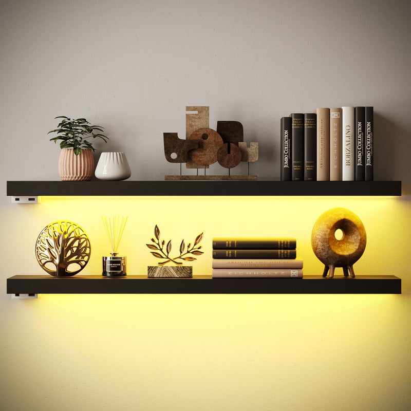 BAMEOS Floating Shelves with LED Light, Wall Mounted Wooden Shelves with Invisible Brackets, Set of 2, Hanging Wall Shelves for Bedroom, Bathroom, Living Room and Kitchen(31", Blcak) - Image 1