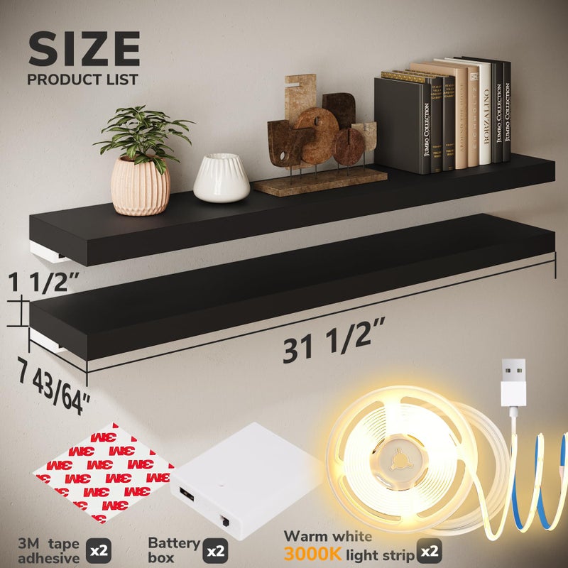BAMEOS Floating Shelves with LED Light, Wall Mounted Wooden Shelves with Invisible Brackets, Set of 2, Hanging Wall Shelves for Bedroom, Bathroom, Living Room and Kitchen(31", Blcak) - Image 3