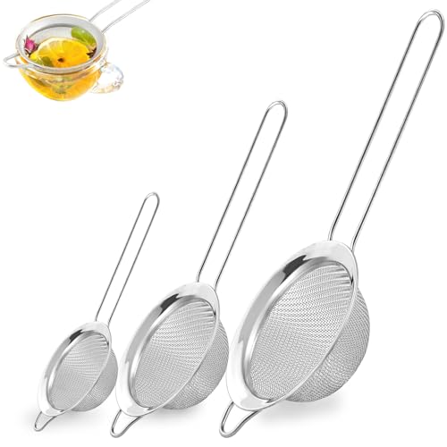 BLIGKO 3Pcs Fine Mesh Strainer with Handle, Small Medium Large Size Sieve Strainers Set, Stainless Steel Sifter Colander for Kitchen Baking Juice Quinoa Food Flour - Image 1