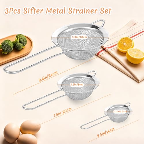 BLIGKO 3Pcs Fine Mesh Strainer with Handle, Small Medium Large Size Sieve Strainers Set, Stainless Steel Sifter Colander for Kitchen Baking Juice Quinoa Food Flour - Image 3
