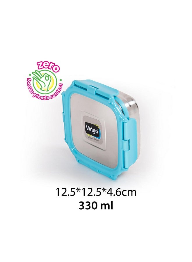 Veigo Veigo Original Stainless Steel Medium Snack Box (330 ml)| Airtight & Leakproof| Freezer & Dishwasher Safe| Snacks Box for School|Silicone Ring & Polymer Frame| Safe Lid Lock| Aqua Blue  - Image 3