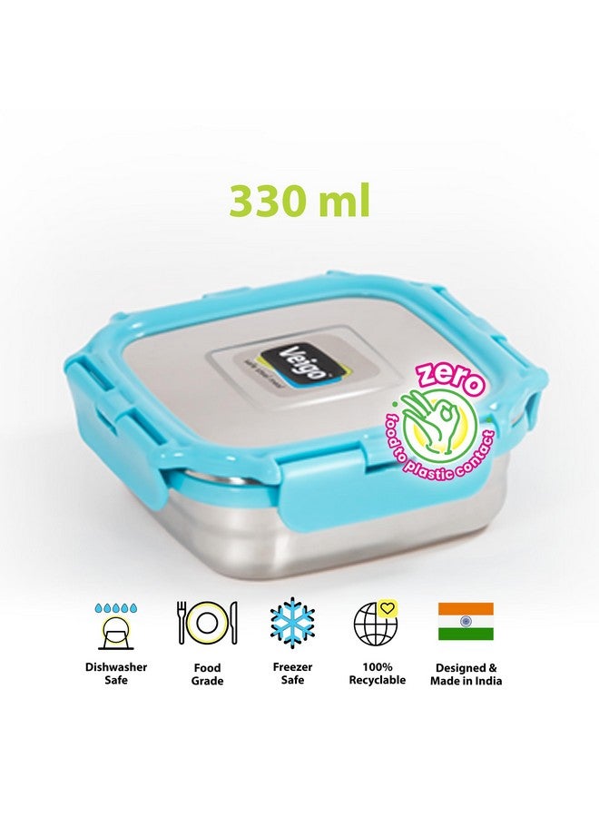 Veigo Veigo Original Stainless Steel Medium Snack Box (330 ml)| Airtight & Leakproof| Freezer & Dishwasher Safe| Snacks Box for School|Silicone Ring & Polymer Frame| Safe Lid Lock| Aqua Blue  - Image 2