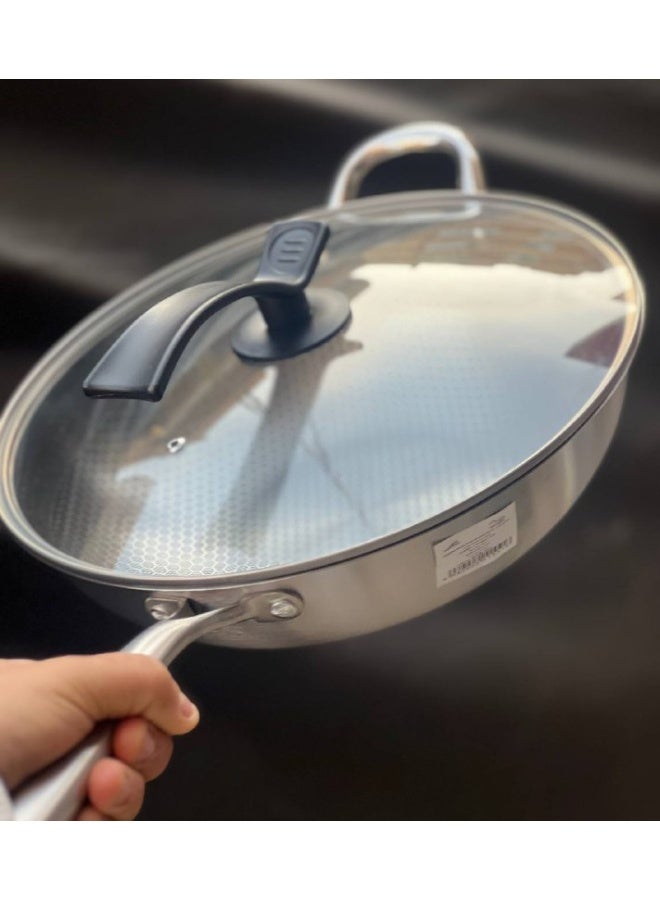 32cm stainless steel wok frying pan with Pyrex lid and handle