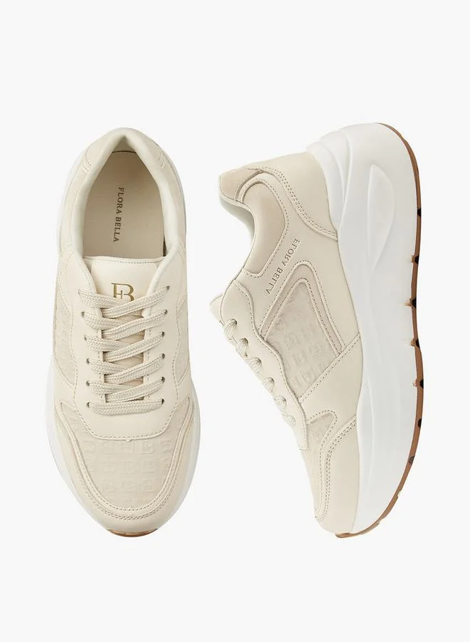 Flora Bella By Shoexpress CREAM Flora Bella Monogram Embossed Sneakers With Hook And Loop Closure for Women | Best Price UAE