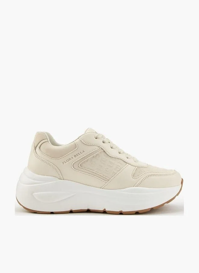 Flora Bella By Shoexpress CREAM Flora Bella Monogram Embossed Sneakers With Hook And Loop Closure for Women | Best Price UAE