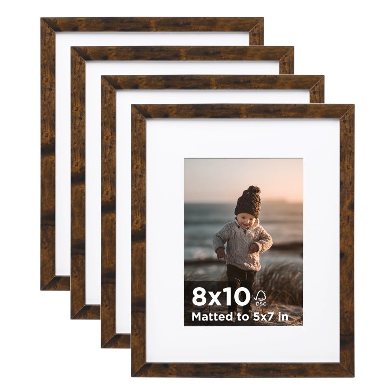 KINLINK 8x10 Picture Frame Rustic Brown Set of 4 Wooden Photo Frames Matted 5x7 with Plexiglass for 5x7 with Mat or 8x10 without Mat for Table and Wall Display