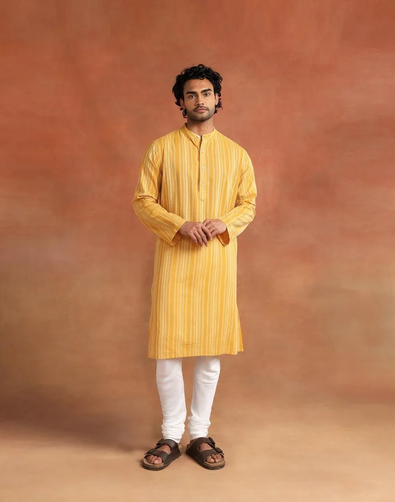 Fabindia Mustard Cotton Dobby Stripe Long Kurta